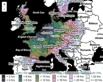 Treinreistijden in Europa op de kaart